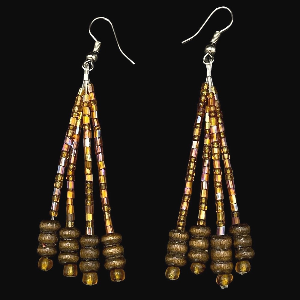 Vintage Beaded Dangle Earrings Brown Bronze Seed Bead Wood Tassel Boho Tribal